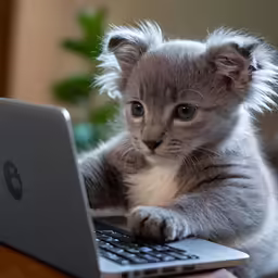 a kitten sits on a laptop looking at the camera