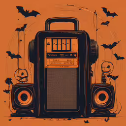 the radio and speakers are displayed on this orange background,a very old radio with speakers and bats flying above it
