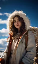 the young woman in the parka is posing for a photo