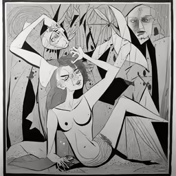 a black and white drawing of two nude girls