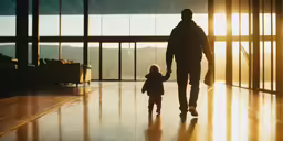 man with little girl holding hands while walking down the hall