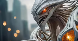 an alien statue is displayed with its eyes glowing