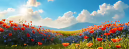 a field with red, blue and white flowers in the foreground