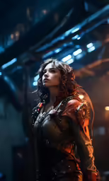 the girl in a leather outfit is looking up