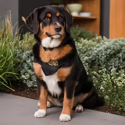 a small dog is sitting next to bushes and plants