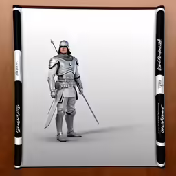 a stylized rendering of an adult man in full medieval armor holding swords