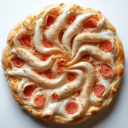 a pizza with white sauce and pepperoni on it