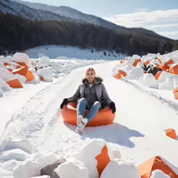 a woman sitting in an inflatable tube on the snow