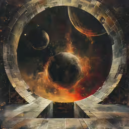 abstract digital art with a circular structure surrounded by two circles,a painting of three planets, one in front of the other