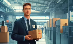 a man in a business suit holding some boxes