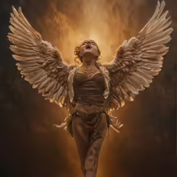 a woman with big white wings standing in front of a light
