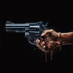 the hand with a bloody rubber glove is holding a revolver