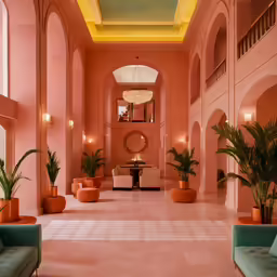 a large hall with a pink wall and lots of plants