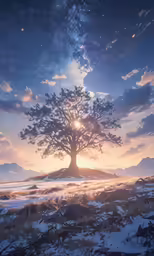a tree sitting on top of a snow covered field under a moon filled sky