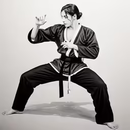 a woman wearing a kimono and doing a kickbox pose