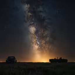 a night sky with stars and some cars driving