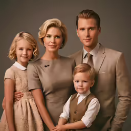 the young couple is posing with their two children