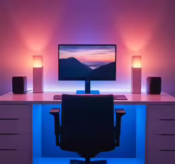 computer monitor on desk with lights in purple room