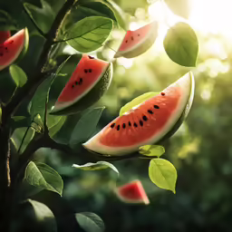 the watermelon slices are growing in the tree