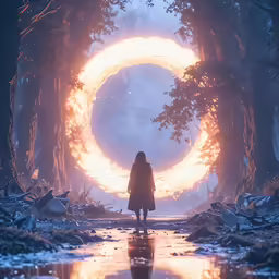 a person standing in front of a giant fire ring