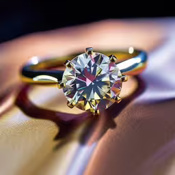 a diamond ring laying on a shiny surface,a fancy yellow diamond engagement ring on top of a cloth