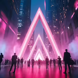 a big triangular in a busy street with bright lights around it