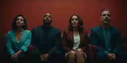 four people sitting on the couch, one is staring