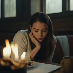 a woman laying her head on her hands while looking down at a plate of food