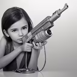 a black and white image of a girl with a rifle