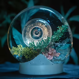 some green plants and oranges in a snow globe