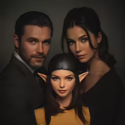 two women in black and a man in a black suit