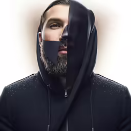 a man is standing with his face split open and wearing a black sweatshirt