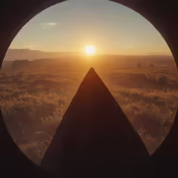 an image taken through the window of a building with the sun setting in the background