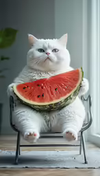 a white cat holding a watermelon slice on a chair
