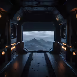 a dark corridor leads up to a large mountain