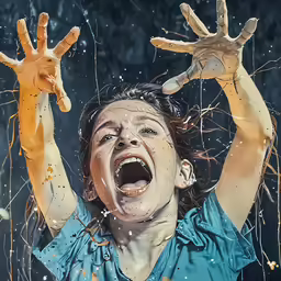a girl laughing while holding her hands up in the air