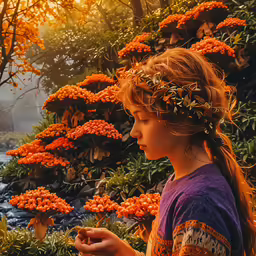 a girl in a flower crown looking at a piece of cake