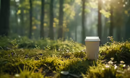 a coffee cup is sitting on the grass in the woods