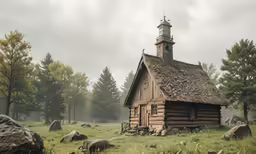 a log cabin with a tower, grass field and rocks