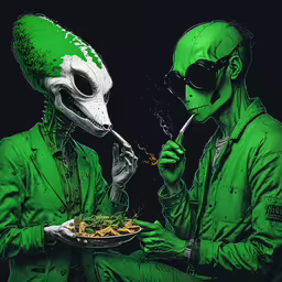 two green aliens eat some food while eating,two aliens with green suits and plates of food
