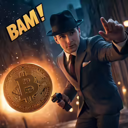 an animation character in a fedora and suit holding a coin