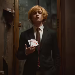 a red haired boy is holding an item out of his hands