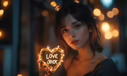 a girl holding a lighted heart with the words love is spelled