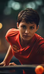 a beautiful young woman leaning on top of a pool table