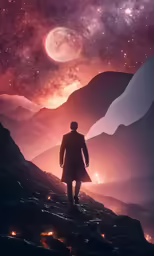 a man walks on a hill with his coat on, under a star filled sky