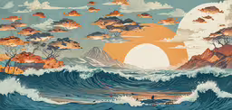 a picture of a painting on canvas of waves with mountains,a painting of a large wave next to a forest