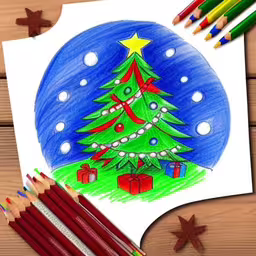 this is a christmas tree on paper and colored pencils,a drawing of a christmas tree in the middle of several colored pencils,an image of a drawing with christmas tree,colored pencils next to a drawing of a christmas tree,a drawing that looks like a tree with presents underneath