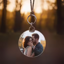 an oval shaped photo frame hanging from a string