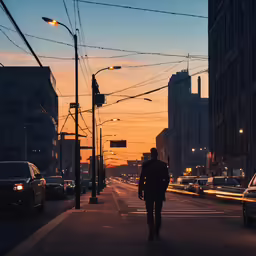 a man walking down the street in the middle of the evening