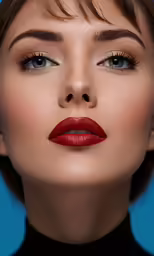 a close up of a woman with red lipstick on her lips